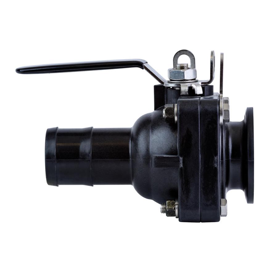 Black plastic ball valve with a metal handle, barbed inlet, and flanged outlet connection.
