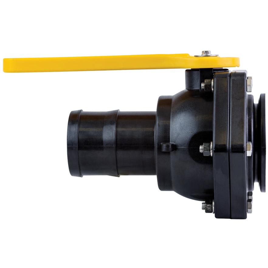 Black plastic ball valve with a yellow lever handle and stainless steel hardware for industrial fluid control.