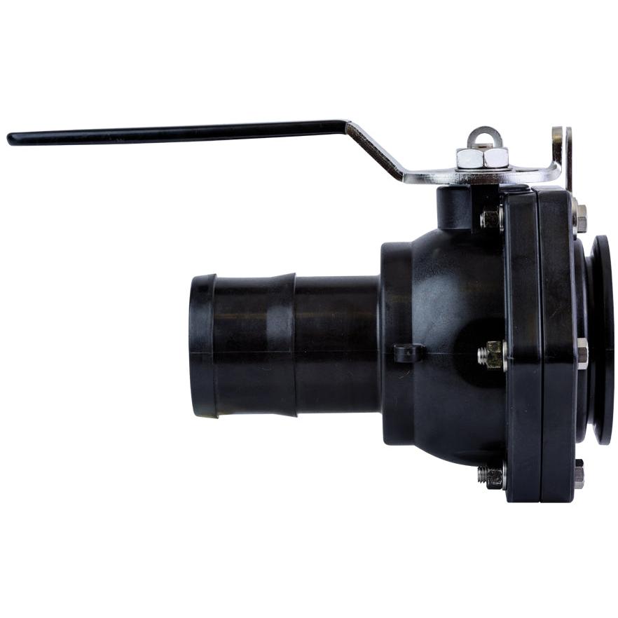 Black polypropylene ball valve with a long handle, stainless steel hardware, and a barbed hose connection end.