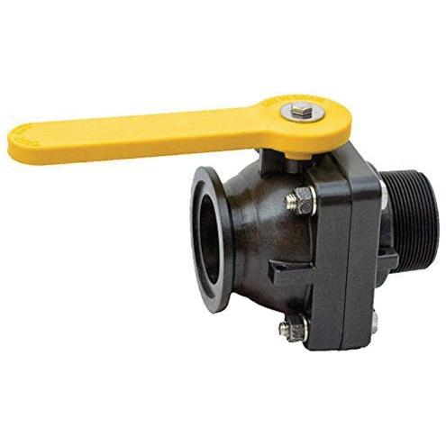 Black plastic MVSMT220FP ball valve with a bright yellow lever handle and threaded connection ports.