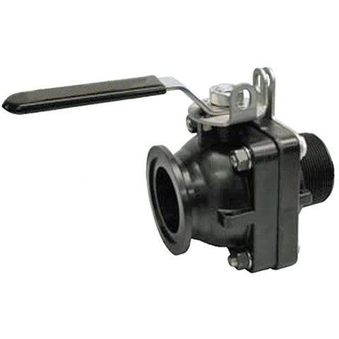 Black poly ball valve with a metal handle, threaded end, and flange connection for industrial plumbing applications.