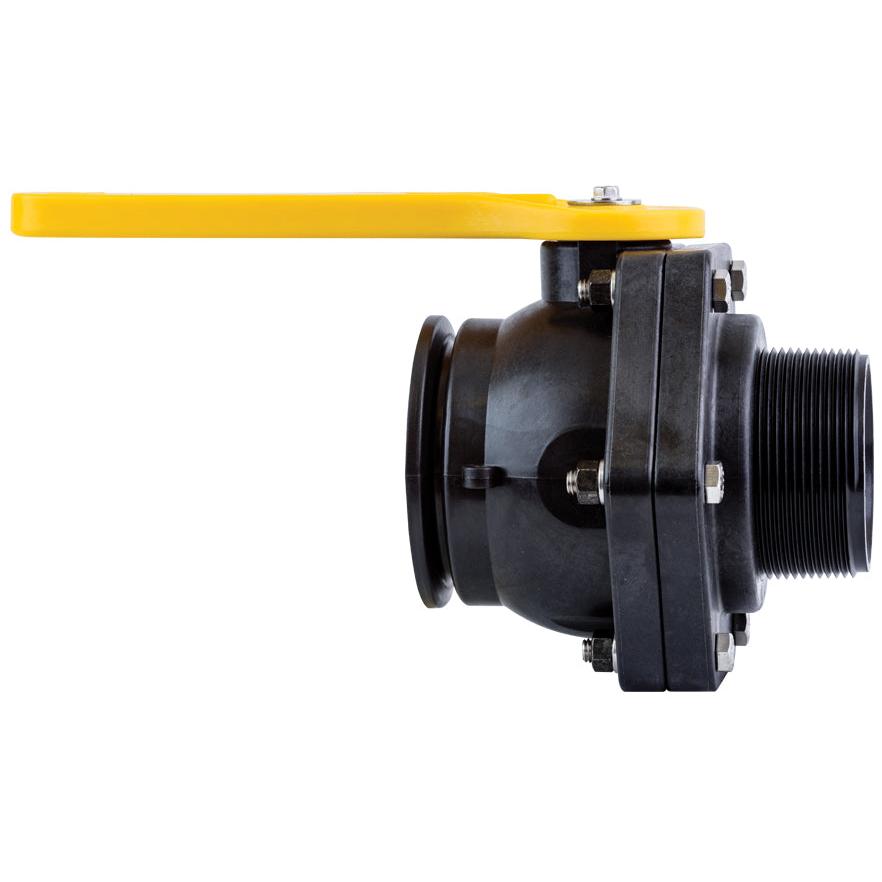 Black polypropylene ball valve with a bright yellow handle and threaded connection for industrial fluid control.