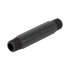 Black plastic pipe nipple with threaded ends and a textured cylindrical body for secure plumbing connections.