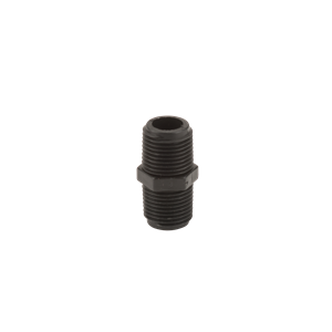 Black plastic NIP100-SH hex nipple pipe fitting with threaded ends for secure plumbing connections.