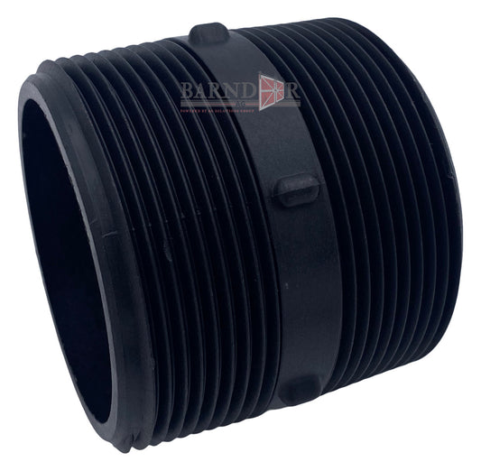 Black plastic NIP300-SH pipe nipple with threaded ends and a central gripping collar for secure installation.