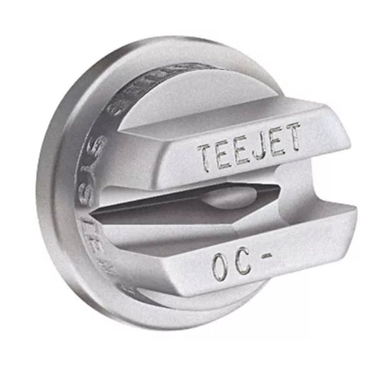 TeeJet OC-SS08 stainless steel spray nozzle with a wide-angle flat fan tip design for agricultural applications.