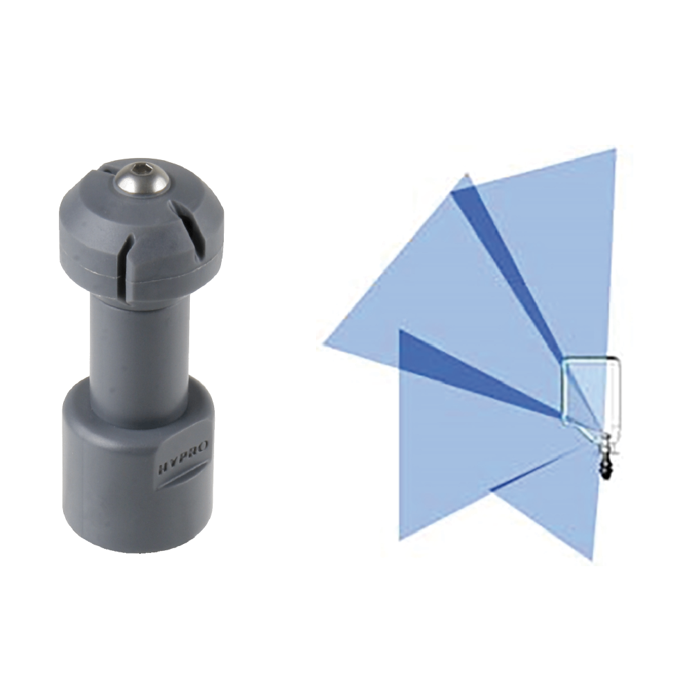 Grey Hypro PC1/2F-36075 spray nozzle with a metallic top and a diagram showing a multi-directional blue spray pattern.