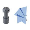Grey Hypro PC1/2F-36075 spray nozzle with a metallic top and a diagram showing a multi-directional blue spray pattern.