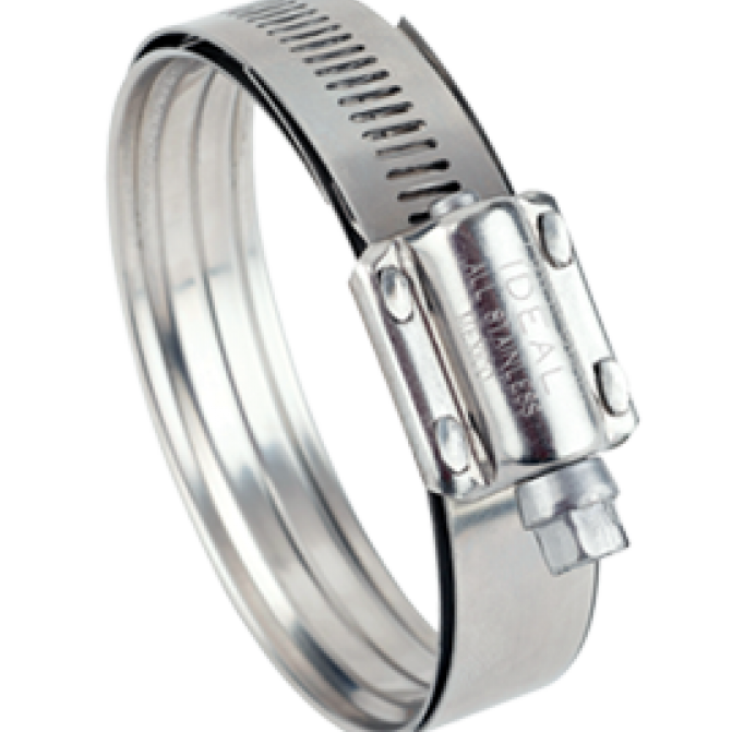 Stainless steel worm gear hose clamp with an adjustable screw mechanism and embossed Ideal branding.