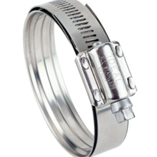 Stainless steel worm gear hose clamp with an adjustable screw mechanism and embossed Ideal branding.