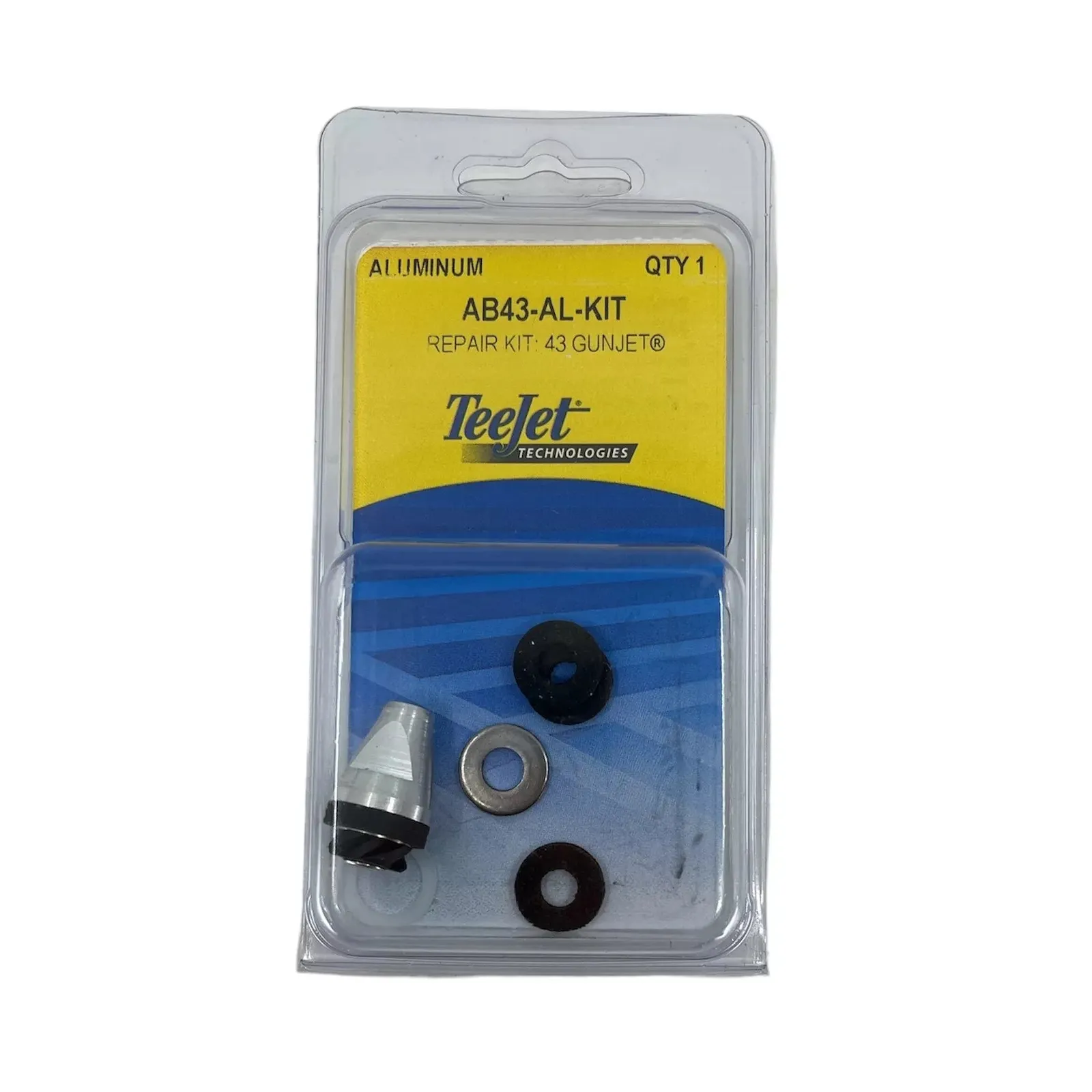 TeeJet AB43-AL-KIT repair kit for 43 GunJet featuring an aluminum nozzle component, metal washer, and black rubber seals.
