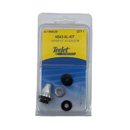 TeeJet AB43-AL-KIT repair kit for 43 GunJet featuring an aluminum nozzle component, metal washer, and black rubber seals.