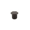 Black hexagonal plastic pipe plug with threaded exterior for secure sealing and plumbing connections.