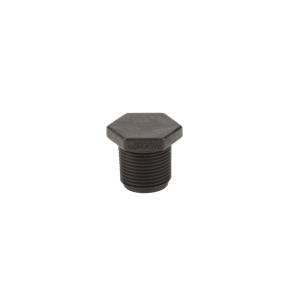Black plastic hex head pipe plug with threaded exterior for secure sealing applications.
