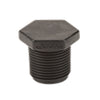 Black plastic hexagonal head pipe plug with threaded cylindrical body for secure sealing.