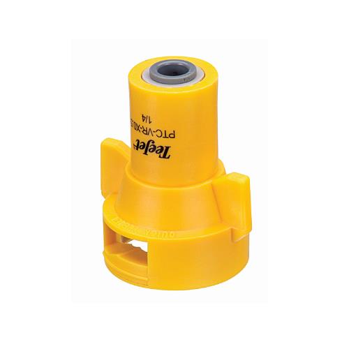 Yellow TeeJet PTC-VR-X0.5-1/4 spray nozzle cap with a 1/4-inch push-to-connect fitting and winged design.