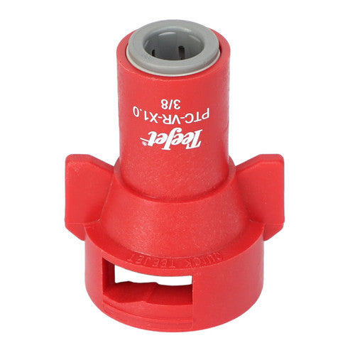 Red TeeJet PTC-VR-X1.0 spray nozzle cap with a 3/8 inch fitting and quick-connect design on a white background.