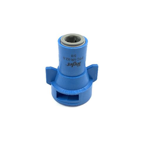 Blue TeeJet PTC-VR-X2.0 3/8 inch quick-connect spray nozzle with a grey internal fitting and winged design.