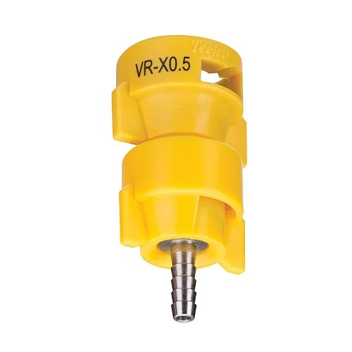Yellow TeeJet VR-X0.5 spray nozzle with a stainless steel 1/4 inch barbed fitting for agricultural equipment.