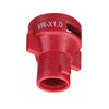 Red QJ-VR-X1.0 plastic spray nozzle cap with a threaded cylindrical body and side locking tabs.