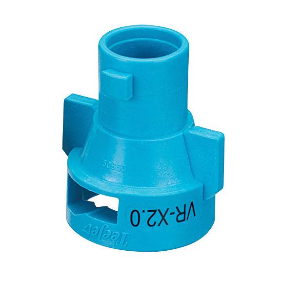 Bright blue plastic TeeJet QJ-VR-X2.0 spray nozzle cap with side locking tabs and engraved model markings.