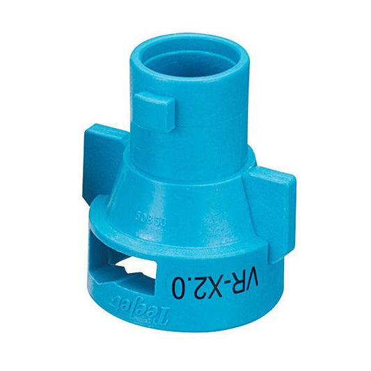 Bright blue plastic TeeJet QJ-VR-X2.0 spray nozzle cap with side locking tabs and engraved model markings.
