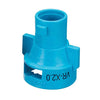 Bright blue plastic TeeJet QJ-VR-X2.0 spray nozzle cap with side locking tabs and engraved model markings.
