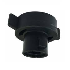 Black plastic QJ-W-PP-10X nozzle cap with a threaded interior and side wing tabs for easy manual tightening.