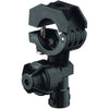 Black plastic hinged nozzle clamp with a threaded adjustment knob for agricultural spray equipment.