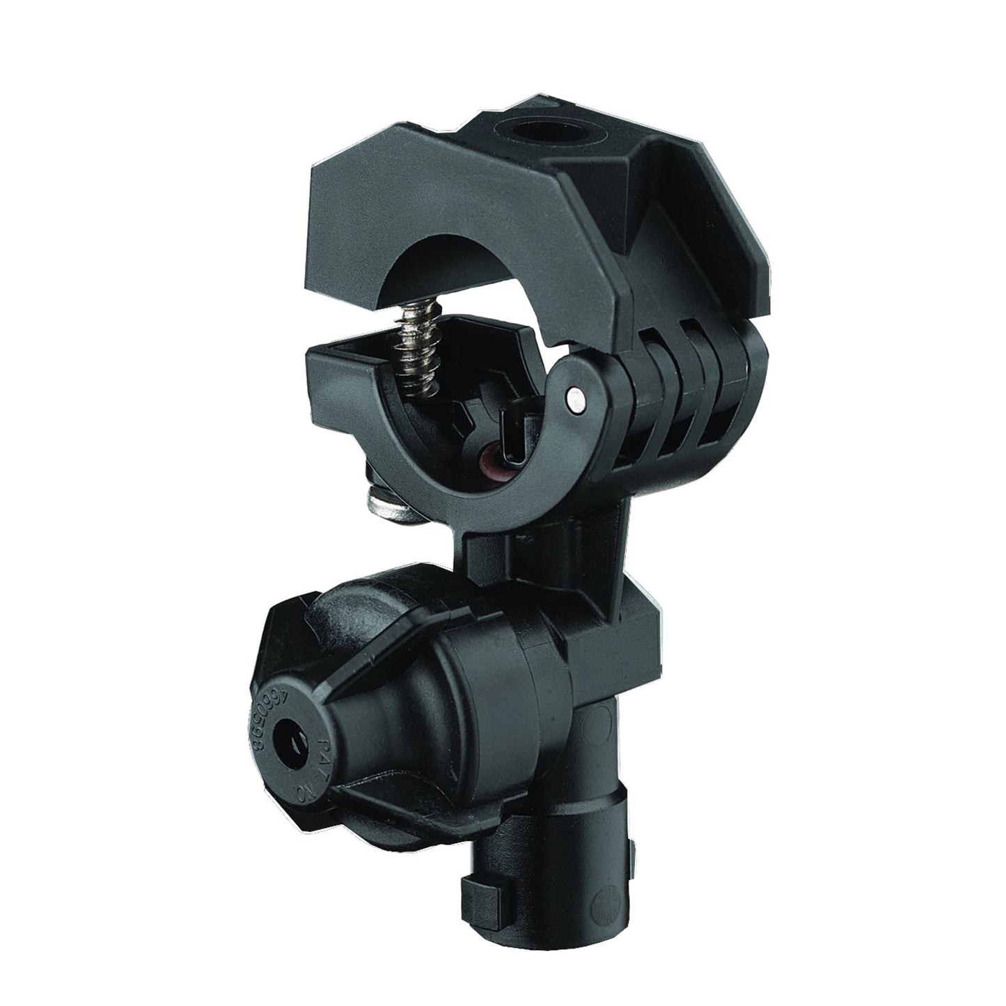 Black plastic QJ17560A-1/2-NYB nozzle clamp with a hinged mounting bracket and adjustable spray nozzle head.