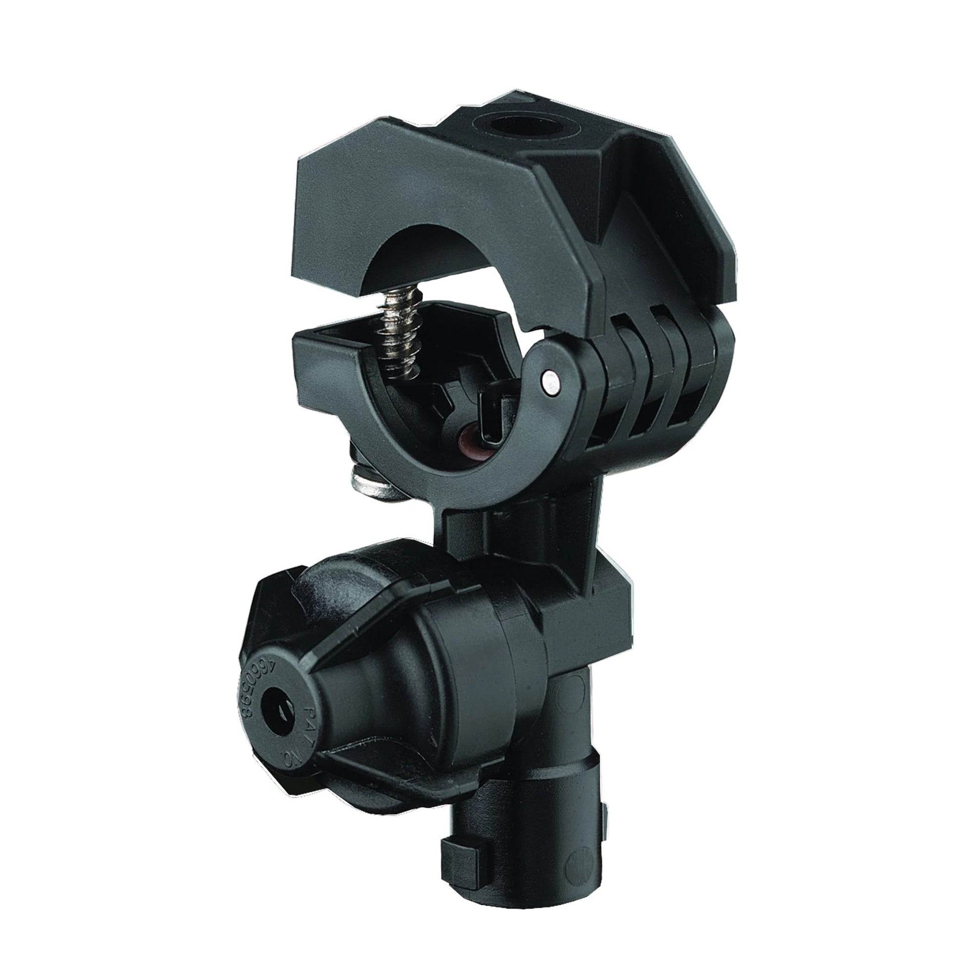 Black plastic QJ17560A-1/2-NYB nozzle clamp with a hinged mounting bracket and adjustable spray nozzle head.