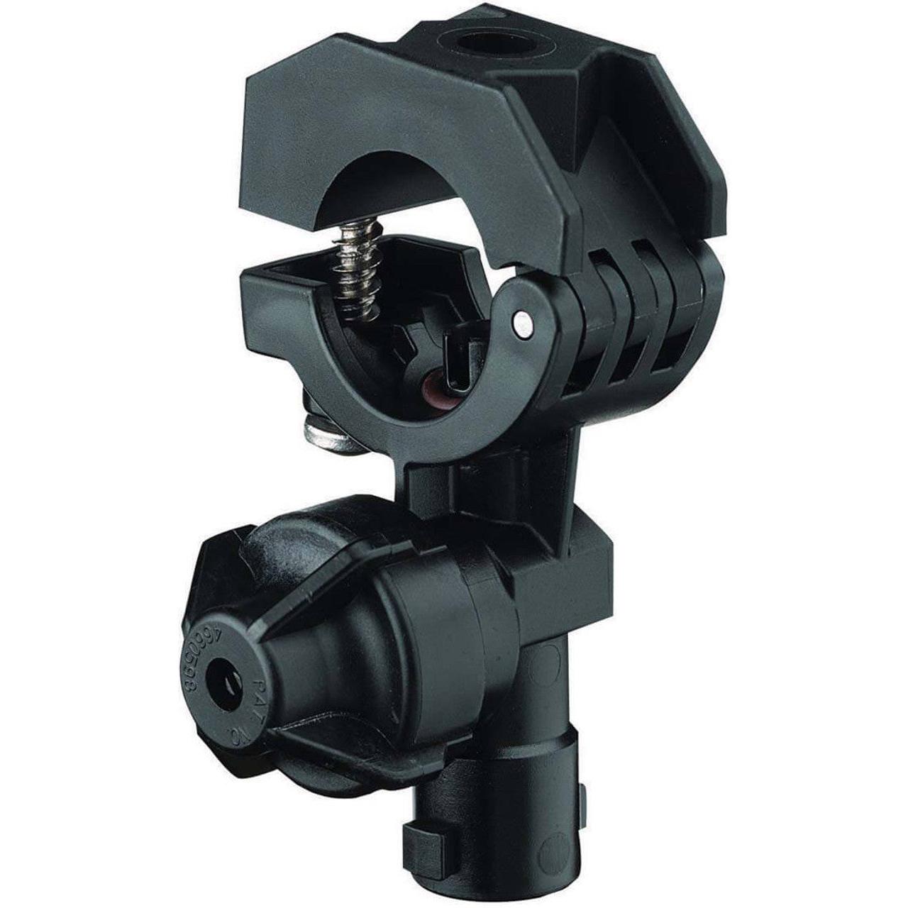Black nylon 3/4-inch hinged nozzle clamp with a threaded cap and spring-loaded locking mechanism for spray systems.