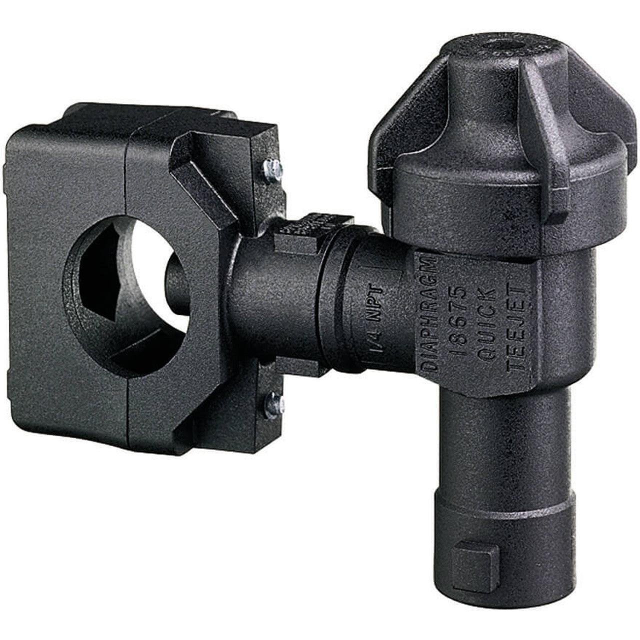 Black TeeJet Quick-attach diaphragm nozzle body with 1/4 NPT connection for agricultural sprayers.