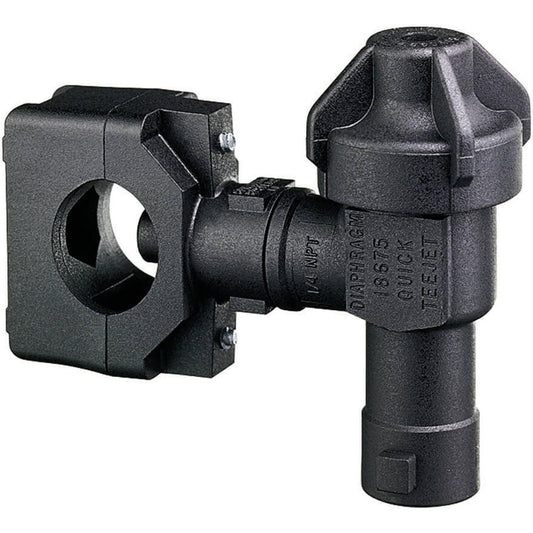 Black nylon Quick TeeJet diaphragm nozzle body with a 3/4 inch clamp mount for agricultural sprayers.