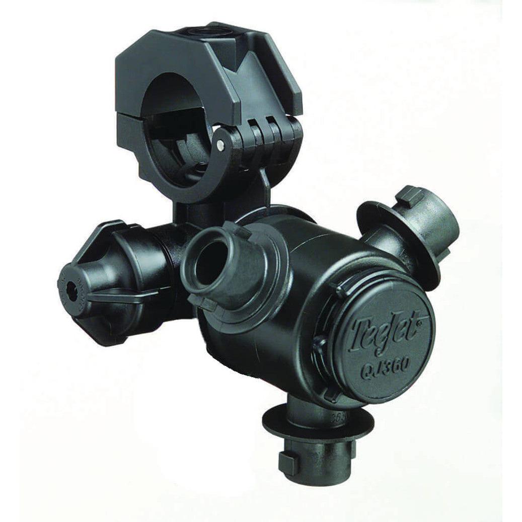 Black TeeJet QJ363C-1-NYB triple nozzle body with hinged clamp and multiple spray ports for agricultural sprayers.