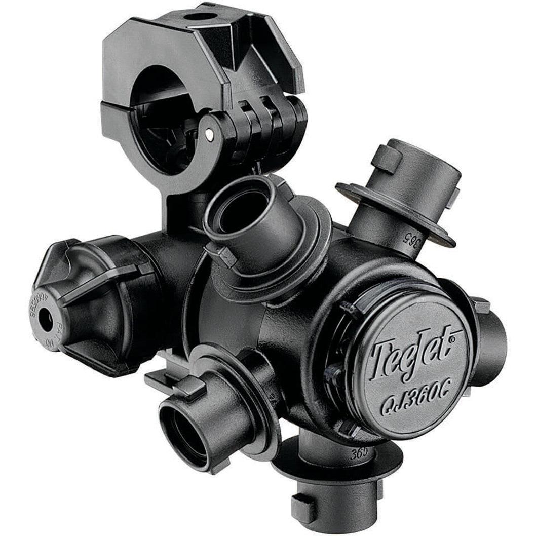 Black TeeJet QJ365C nozzle body with a hinged clamp mount and multiple spray tip outlets for agricultural sprayers.