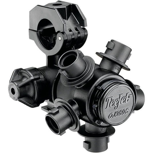 Black TeeJet QJ365C nozzle body with a hinged clamp mount and multiple spray tip outlets for agricultural sprayers.