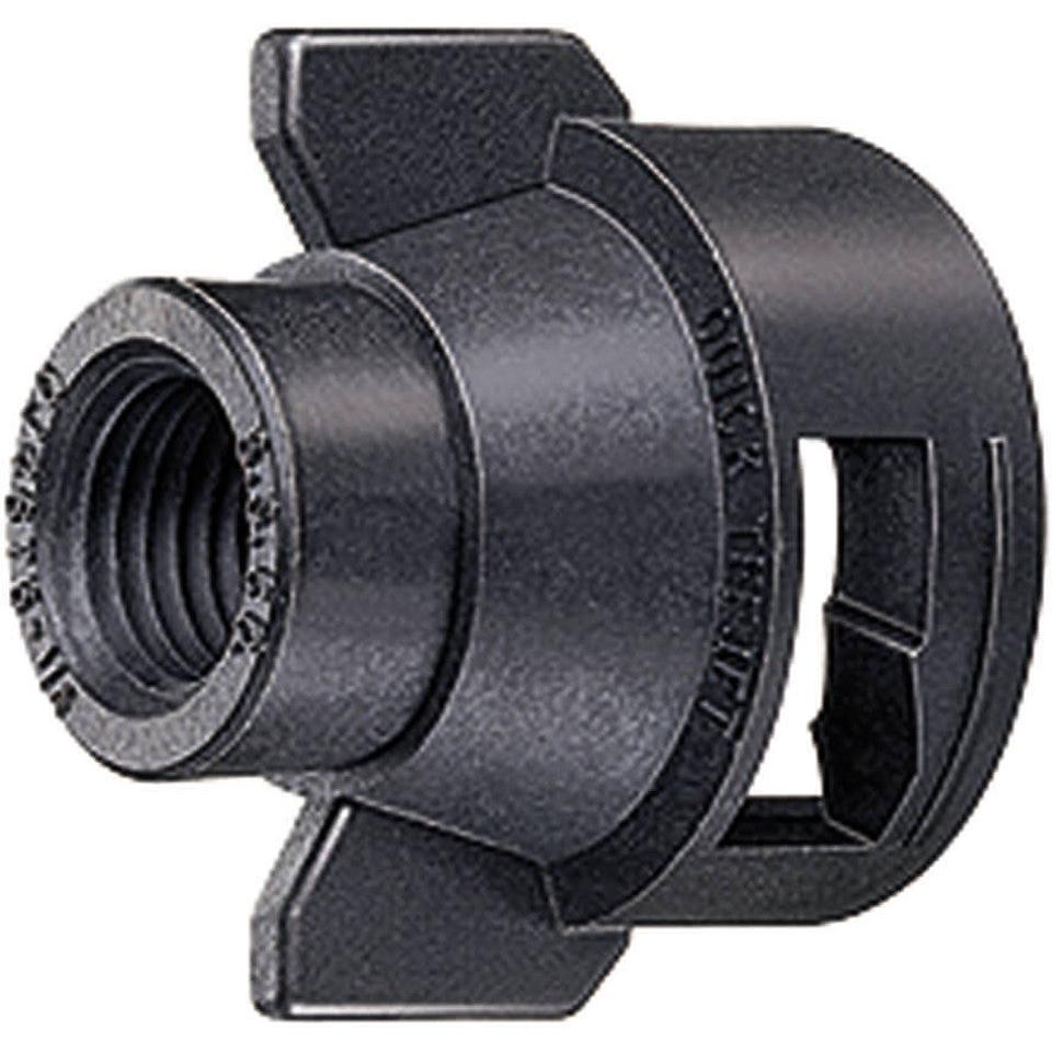 Black nylon Quick TeeJet nozzle cap with 1/4-inch female threaded connection and wing-style grip for easy installation.