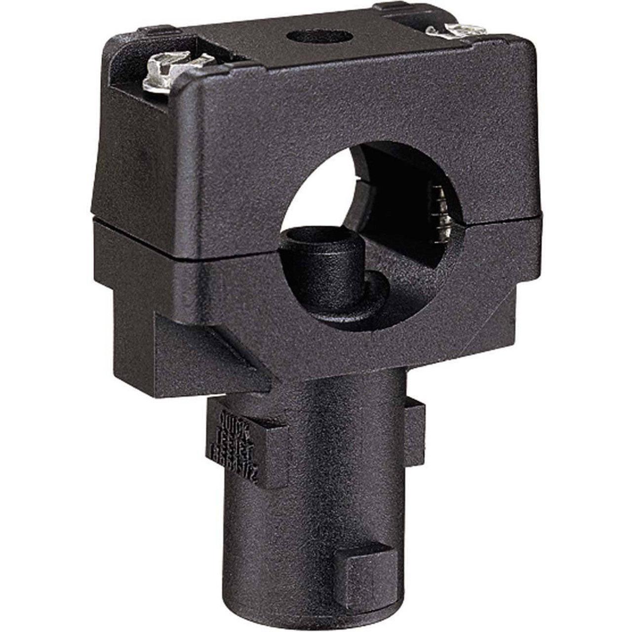 Black plastic Quick TeeJet nozzle body clamp with a circular mounting hole and integrated electrical terminals.