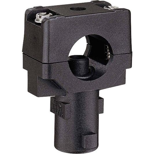 Black plastic Quick TeeJet nozzle body clamp with a circular mounting hole and integrated electrical terminals.