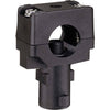 Black plastic Quick TeeJet nozzle body clamp with a circular mounting hole and integrated electrical terminals.