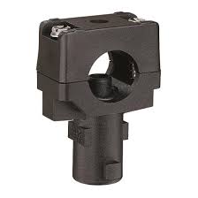 Black nylon 1/2-inch pipe clamp with a vertical mounting post and two top-mounted metal screws for secure installation.