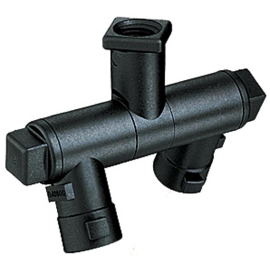 Black nylon QJ8600 spray nozzle body with a 1/4-inch threaded inlet and dual outlet ports for agricultural sprayers.