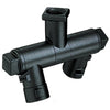 Black nylon QJ8600 spray nozzle body with a 1/4-inch threaded inlet and dual outlet ports for agricultural sprayers.