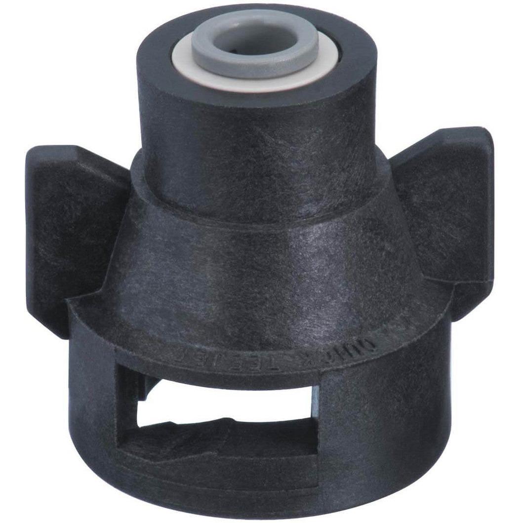 Black plastic QJ98586-3/8 spray nozzle cap with a grey center insert and side wings for quick-connect agricultural systems.