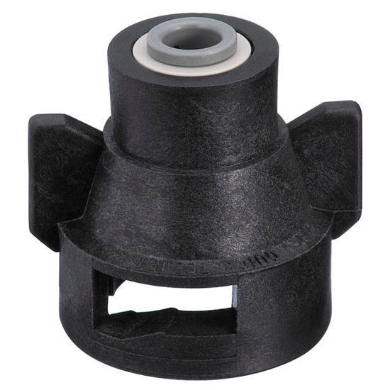 Black plastic QJ98588-1/4 quick-connect spray nozzle cap with a grey internal seal and side wing grips.