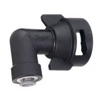 Black plastic 90-degree elbow fitting with a quick-connect port and threaded locking collar for 1/4-inch tubing.