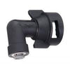 Black plastic 90-degree elbow fitting with a quick-connect port and threaded locking collar for 1/4-inch tubing.
