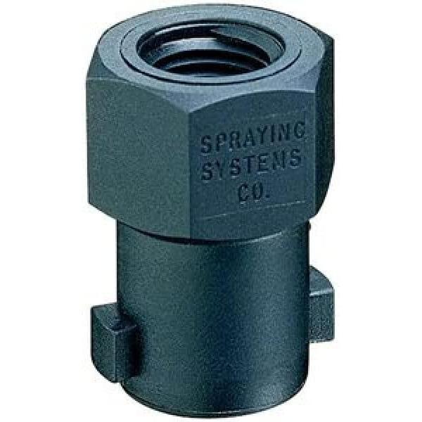Black QJT-NYB Spraying Systems Co. nozzle body with a threaded hexagonal top and quick-connect locking tabs.