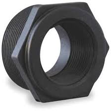 Black plastic threaded reducer bushing with a hexagonal head for industrial piping connections.
